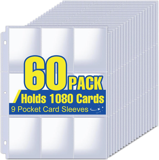 1080 Pockets Card Sleeves Binder Sheets, 9 Pocket Card Sleeves for 3 Ring Binder, Trading Cards Sleeves Fit for Baseball, Football, Game, Business Cards(60 Pages)