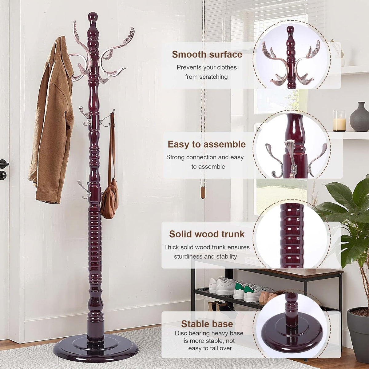 Solid Wood Coat Rack Stand with 20 Hooks, Vintage Coat Rack Freestanding with Heavy Duty Base, 3 Adjustable Height Coat Hanger Stand Hall Tree Fits Entryway Bedroom Office for Coat,Bag,Hat