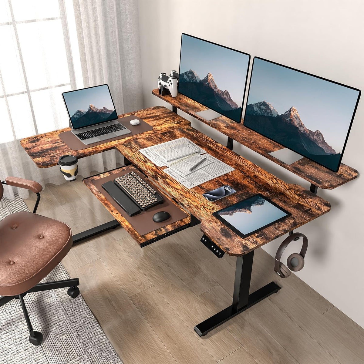 59 Inch L Shaped Standing Desk with Shelves and Keyboard, Electric Corner Standing Desk Adjustable Height, Sit Stand Computer Table with Reversiable Splice Board，Rustic Brown