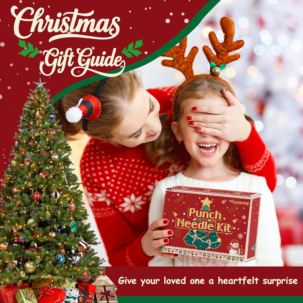 Rivnsong Christmas Punch Needle Kit – DIY Embroidery Set for Beginners to Make 6 Festive Coasters with Hoop, Monk’s Cloth, Tools and Yarn – Holiday Gift for Adults and Kids 8+