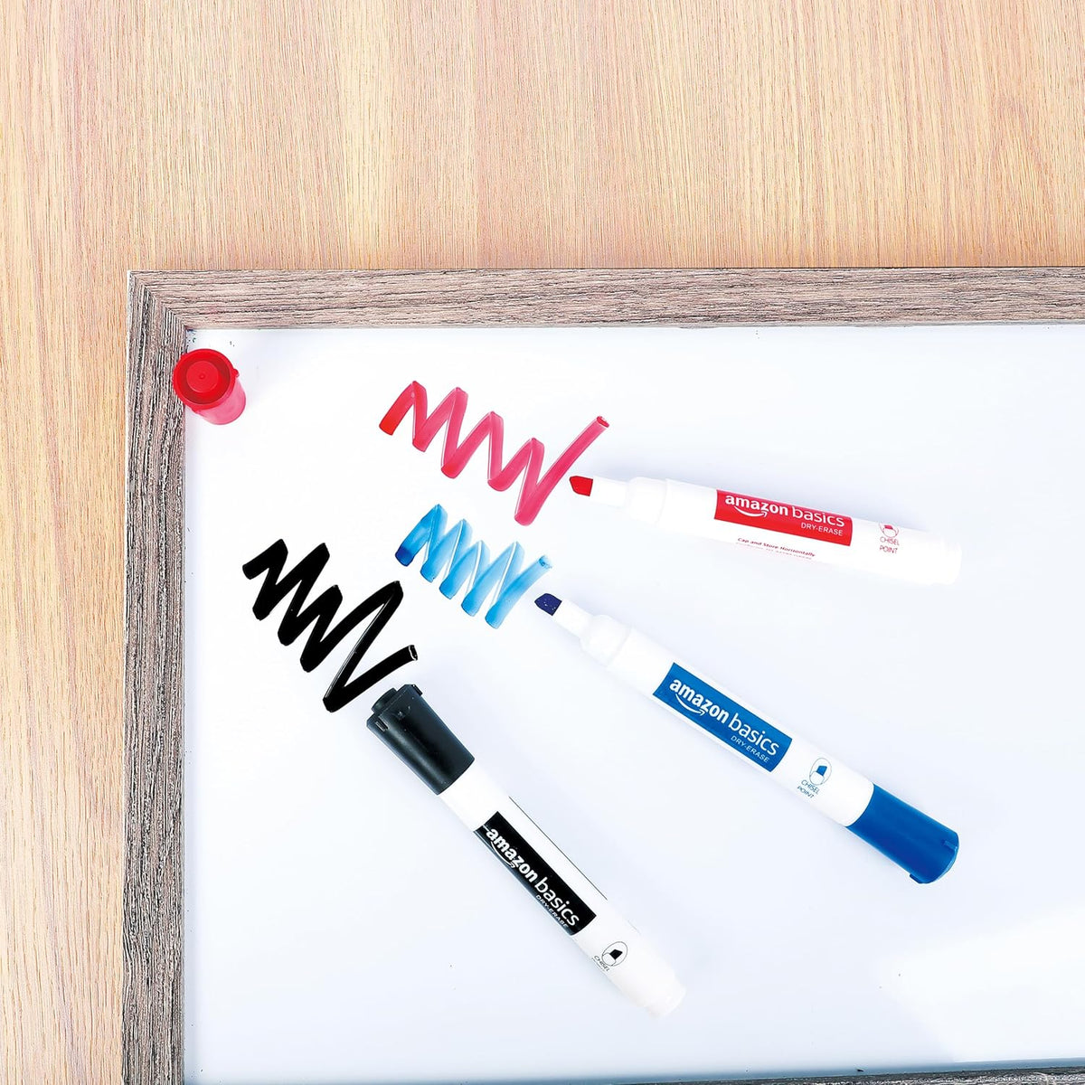 Amazon Basics Dry Erase Markers For Whiteboards, Chisel Tip, Low-Odor, Black, Red, Blue, Pack of 3