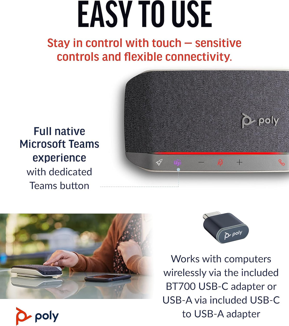 Poly Sync 20+ Personal Portable Bluetooth Speakerphone (Plantronics) – Noise/Echo Reduction – USB-C Bluetooth Adapter - Works w/Teams (Certified), Zoom, PC, Mac, Mobile – Amazon Exclusive