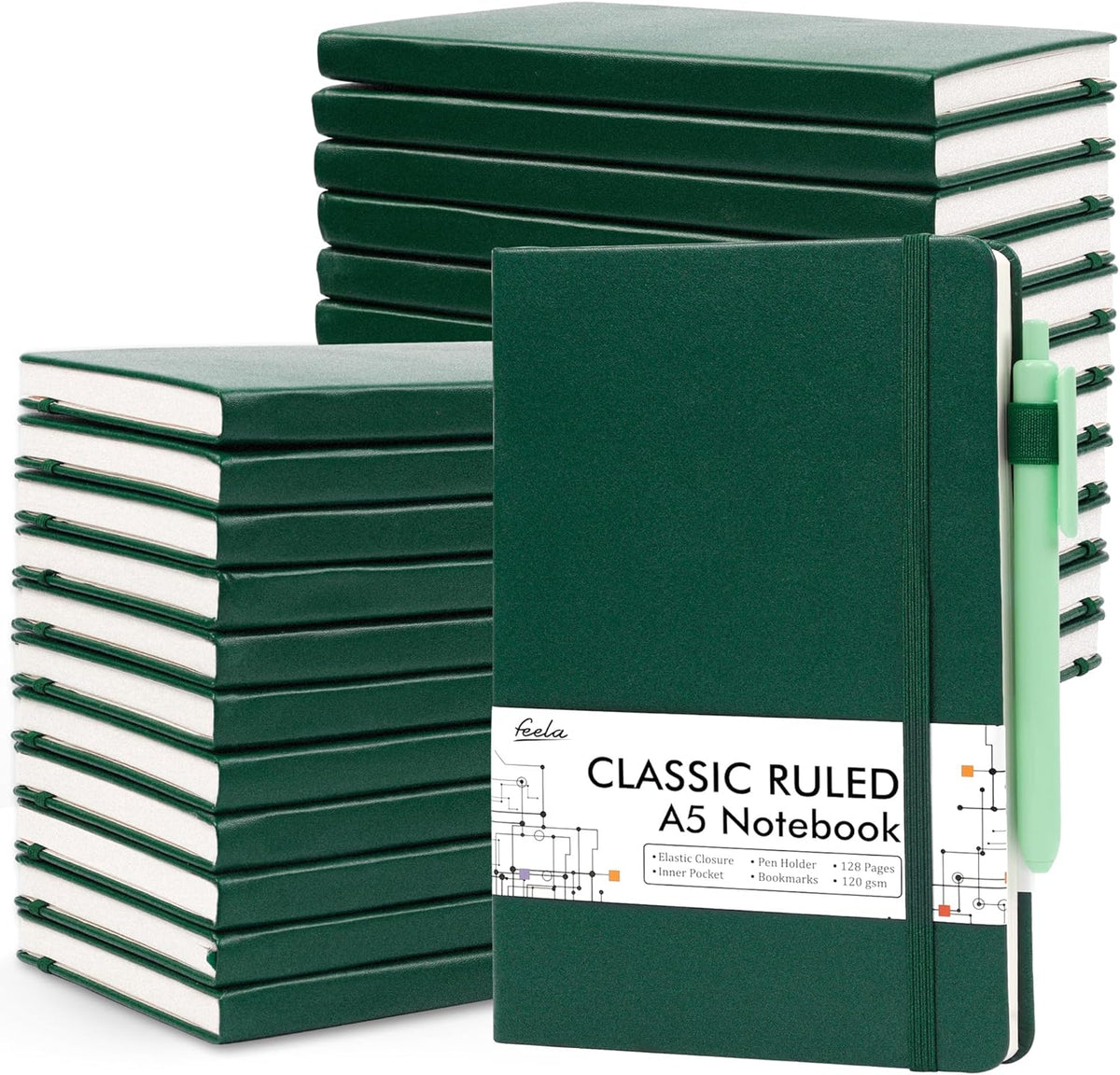 feela 24 Pack Journal Notebook for Work, Business Notebook Bulk Hardcover Lined Writing Journal with Pen Holder for Men Women Note Taking, with 24 Black Pens, 120 GSM, 5.1”x8.3”, A5, Dark Green