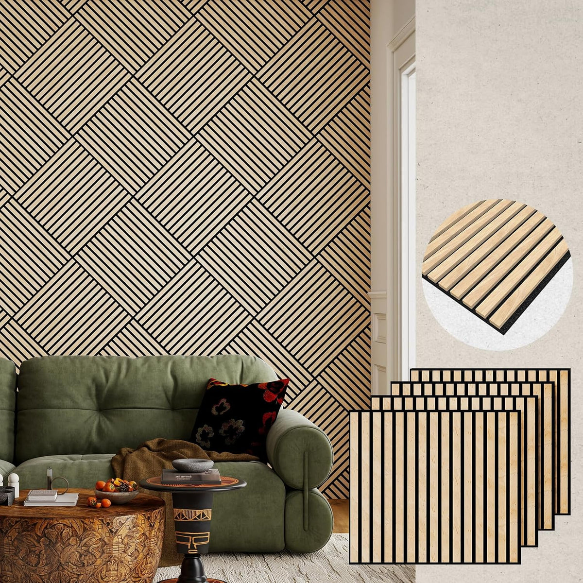 MISSDAY Wood Slat Acoustic Wall Panels, 4 Packs 23.6" x 23.6" Oak Soundproof Panel For Interior Wall Decor Noise Absorbing-3D Textured Wooden Panel Sound-Absorbing for Home, Office, Studio