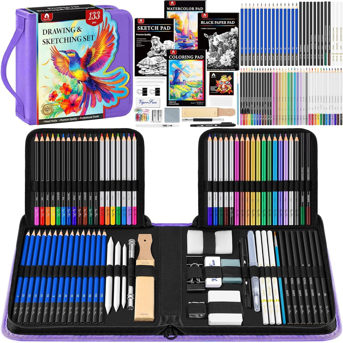 133 PCS Art Supplies Sketching Kit, Pro Drawing Pencils with Sketchbook, Coloring Book, Watercolor Pad, Black Paper Pad, Colored Graphite Charcoal Watercolor & Metallic Pencils for Artists Adults Kids