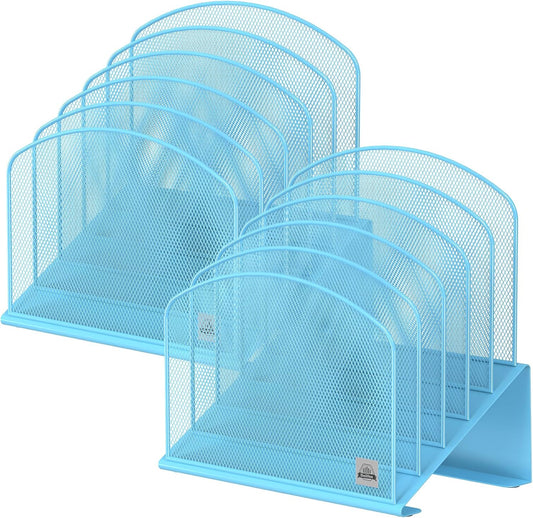 2Pack Inclined Desk File Organizer, 5-Section Vertical File Folder Holder Stand Metal Rack File Sorter for Office Classroom Desktop Organization,Blue