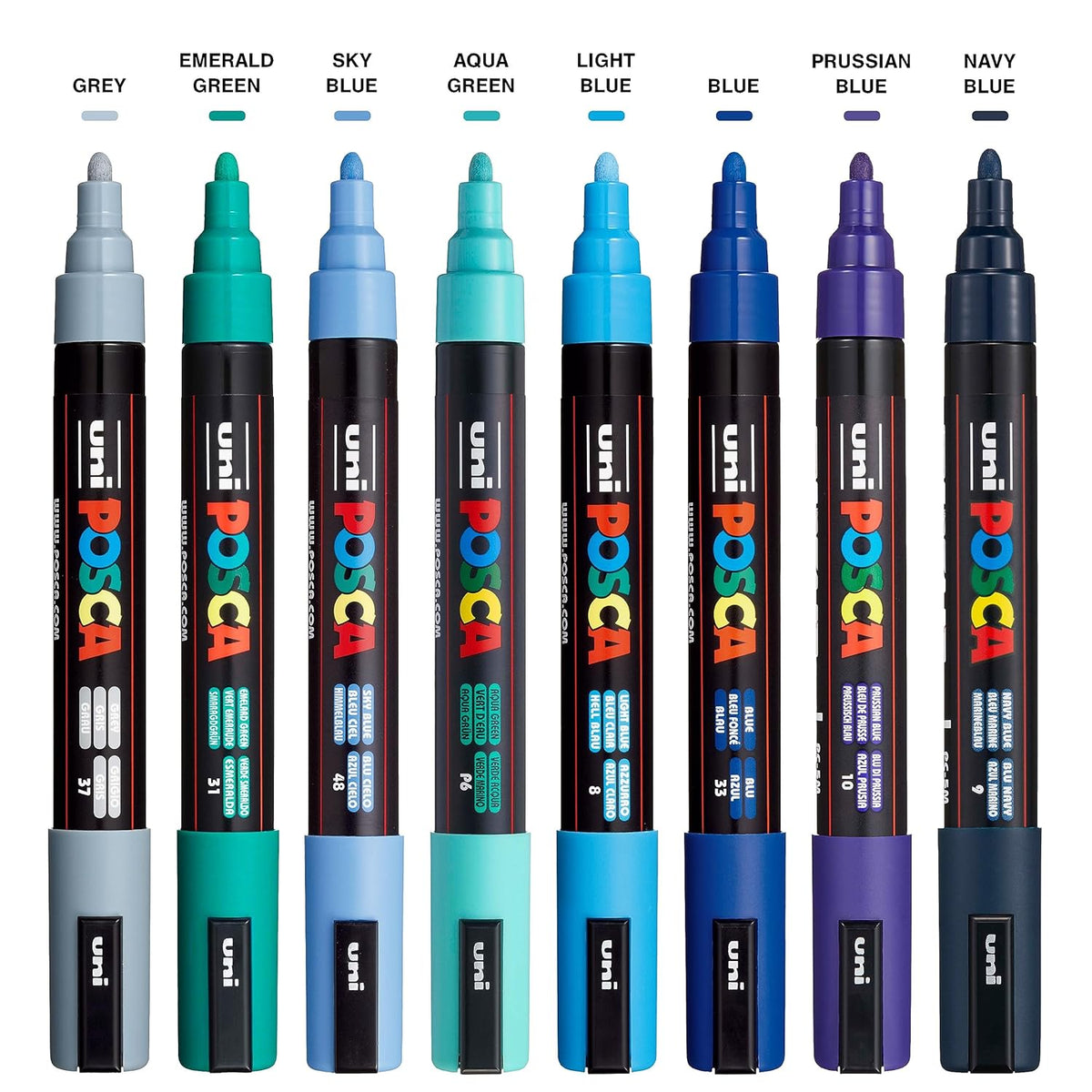 posca Markers Set, 8 Medium Paint Markers 5M – Cool Tone – Grey, Emerald Green, Sky Blue, Aqua Green, Light Blue, Blue, Blue