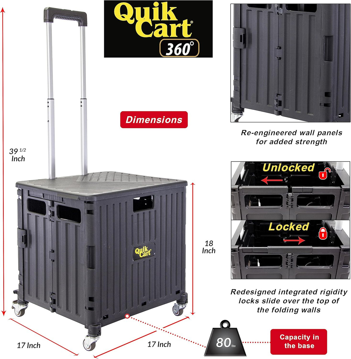 dbest products Quik Cart 360 Four Wheeled Rolling Crate Teacher Utility with seat Heavy Duty Collapsible Basket with Handle, Black
