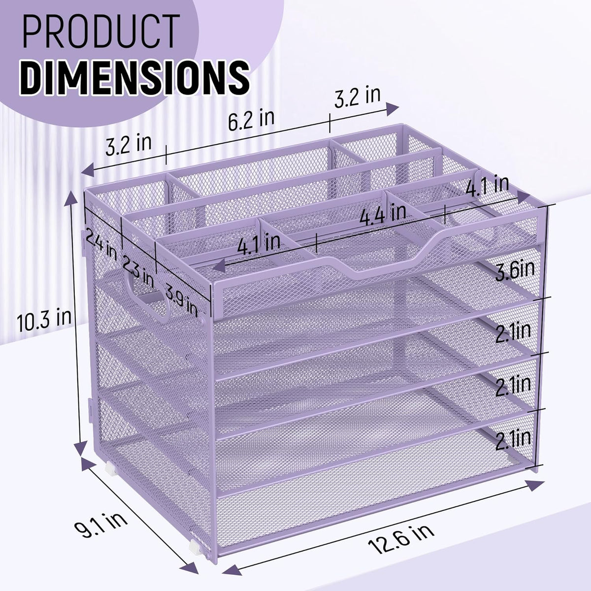 Docnest 5 Tier Mesh Desk Organizer- Letter Tray with Adjustable Compartments, Mesh Desktop Storage Built in Pen Holder and Handles, Desk Organizer Tray for Mail Documents Office Supplies–Purple
