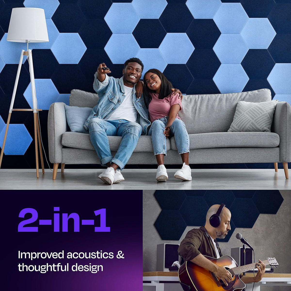 Acoustic Panels 12-Pack Soundproof Wall Panels 14"X12.1"X0.4" Sound Panels High Density Sound Dampening Panels - [Denim Blue Hexagon]