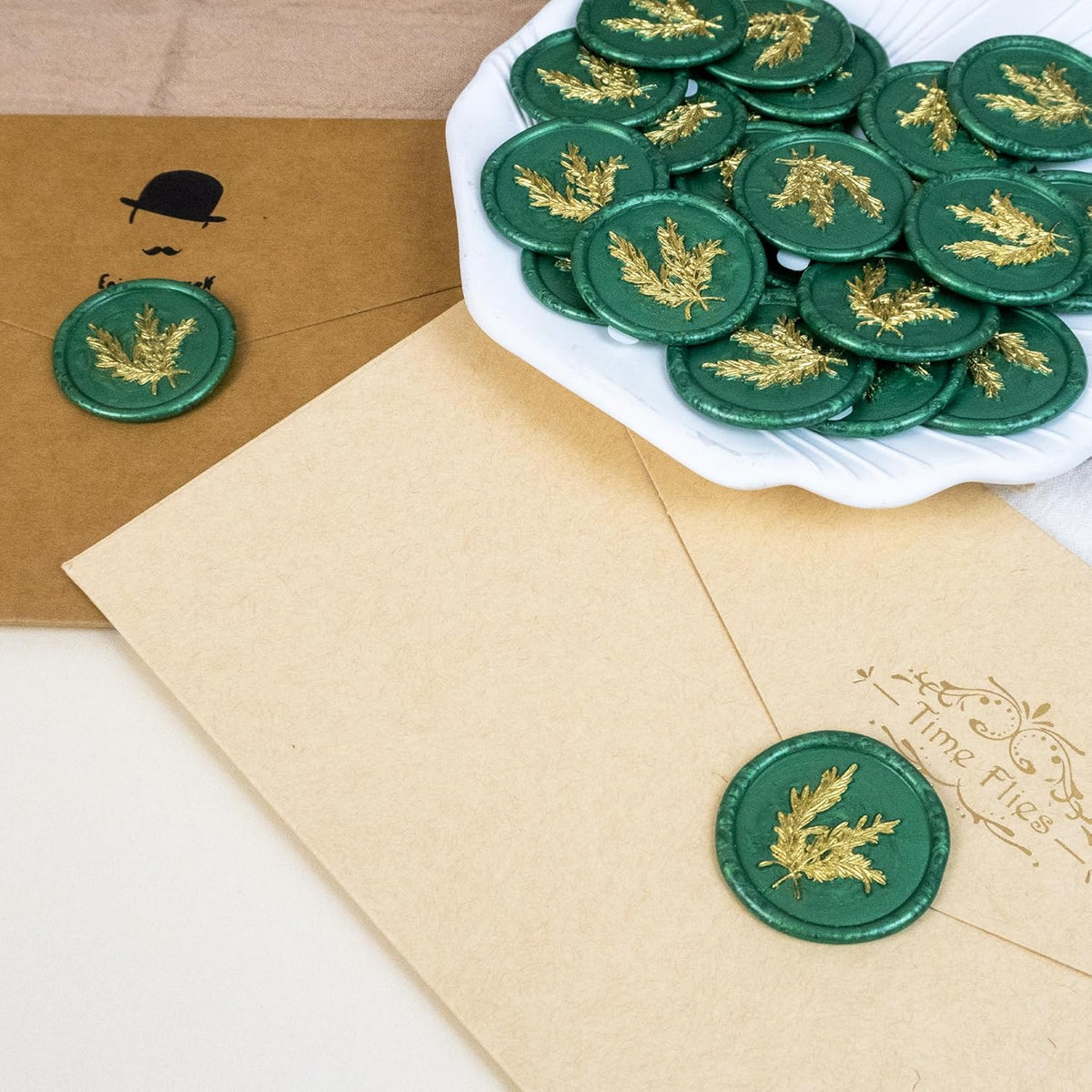 50Pcs Gold & Green Wax Seal Stickers - Handmade Envelope Seals, Self-Adhesive Wax Stickers for Wedding Party Invitations, Envelope, Gift Wrap, Christmas (Gold Rosemary Style, Green)