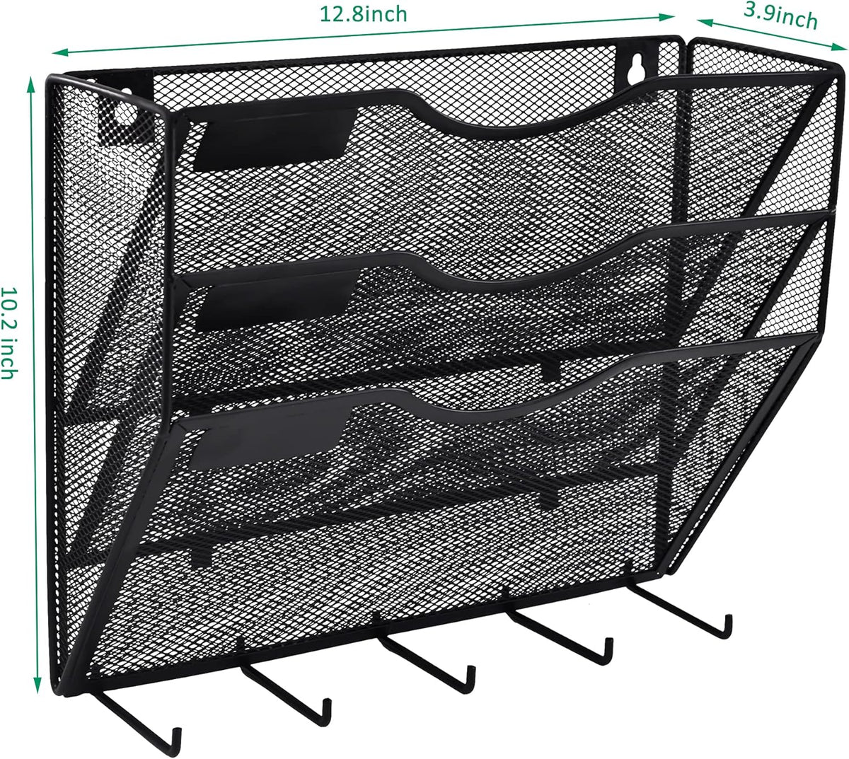 EASEPRES 3 Pocket Mesh Hanging File Organizer with Key Holder Hooks & Nametag Label, Wall Mounted Mail Paper Document Folder Clipboard Storage Organization Magazine Rack for Office Cubicle, Black