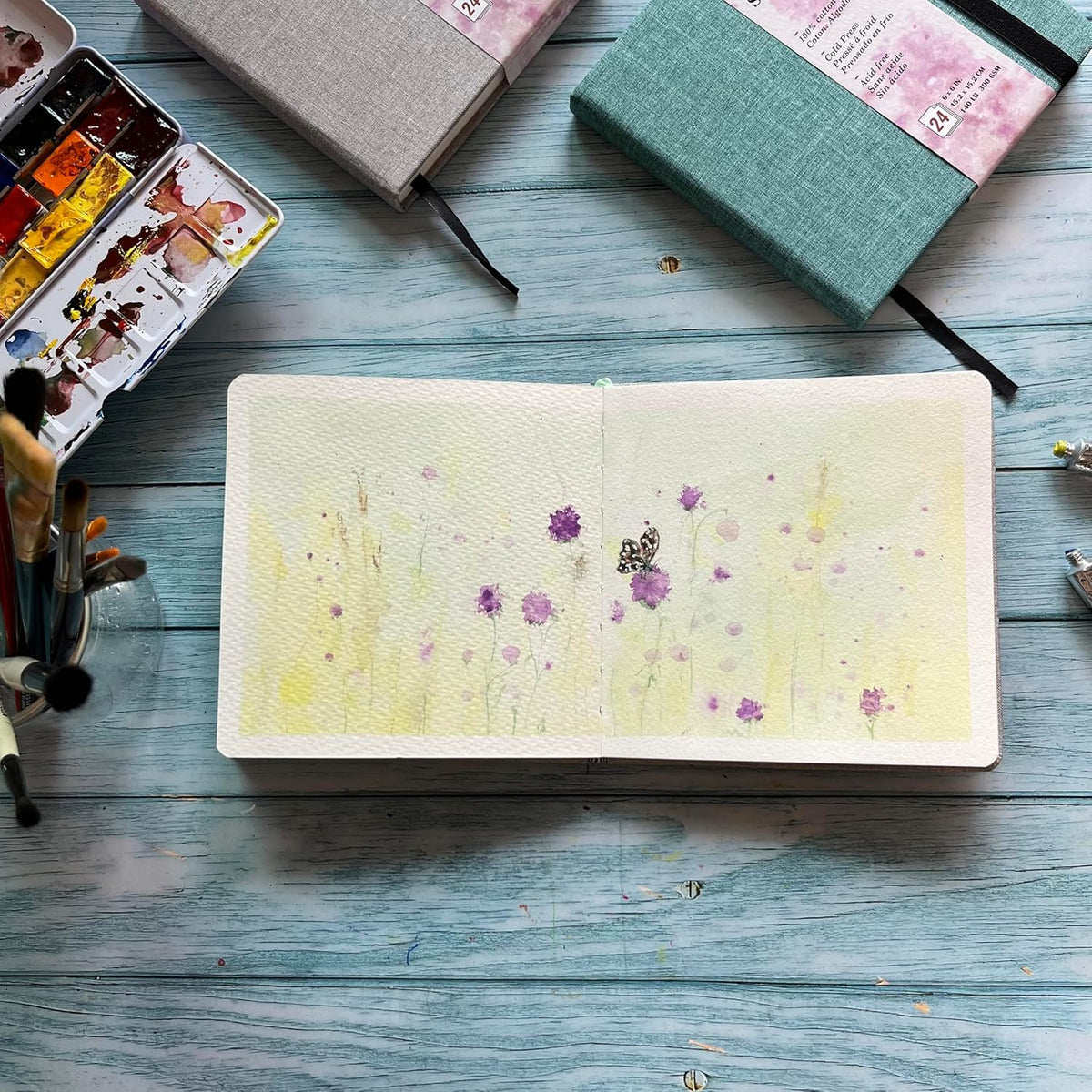 tumuarta Watercolor Journal, 8.25x5.5, 140 LB, 300 GSM, Cotton Paper, Cold Press, 24 Sheets, 48 Pages, Watercolor Paper Sketchbooks for Use As Travel Notebook and Mixed Media Pad