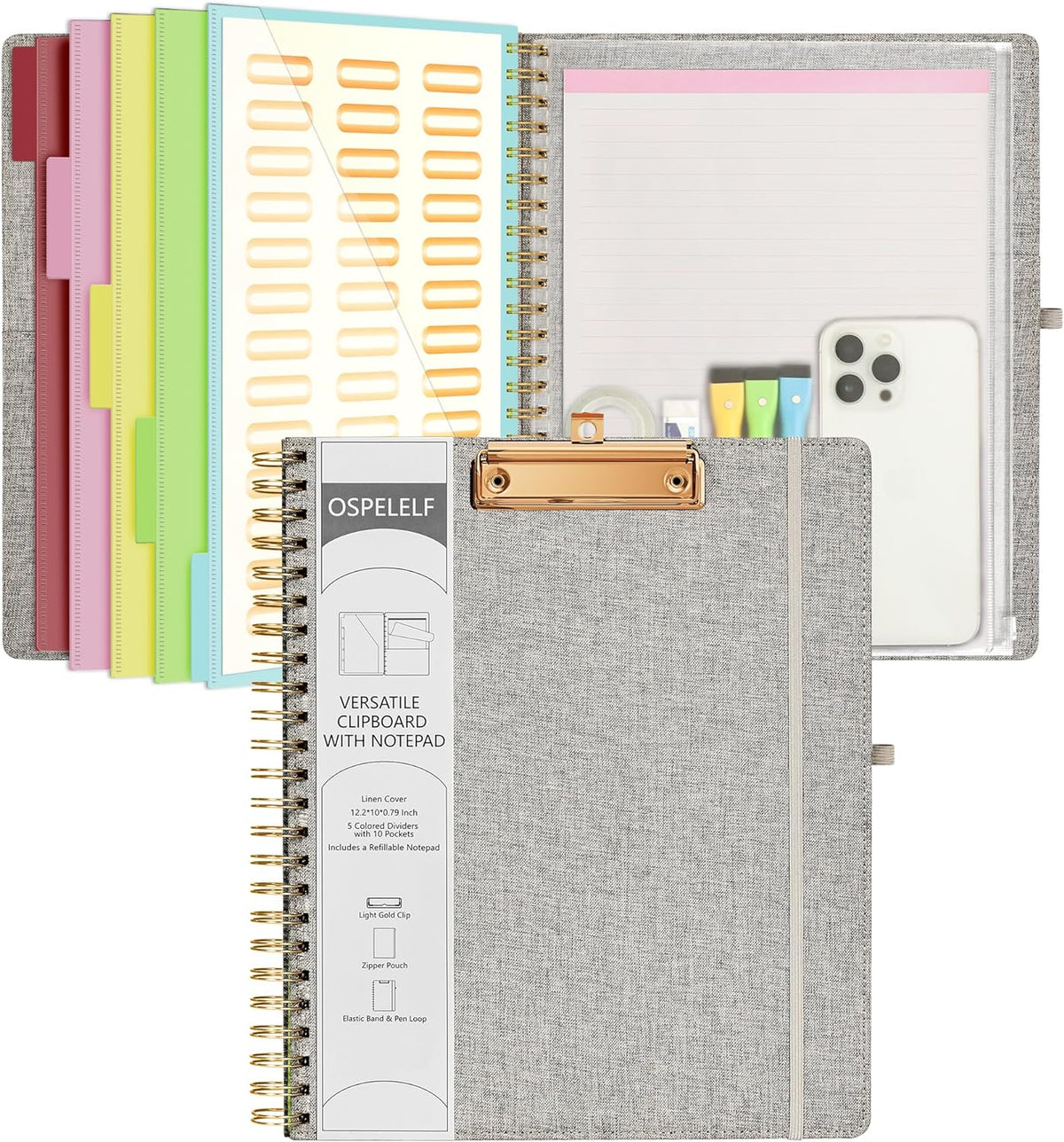 Ospelelf Foldable Spiral Clipboard Folio with Storage Zipper Pouch, 5 Plastic Folders with 10 Pockets,Refillable Lined Notepad (11" x 8.5"), Hardcover Project Organizer with 39 Stickers (Grey)