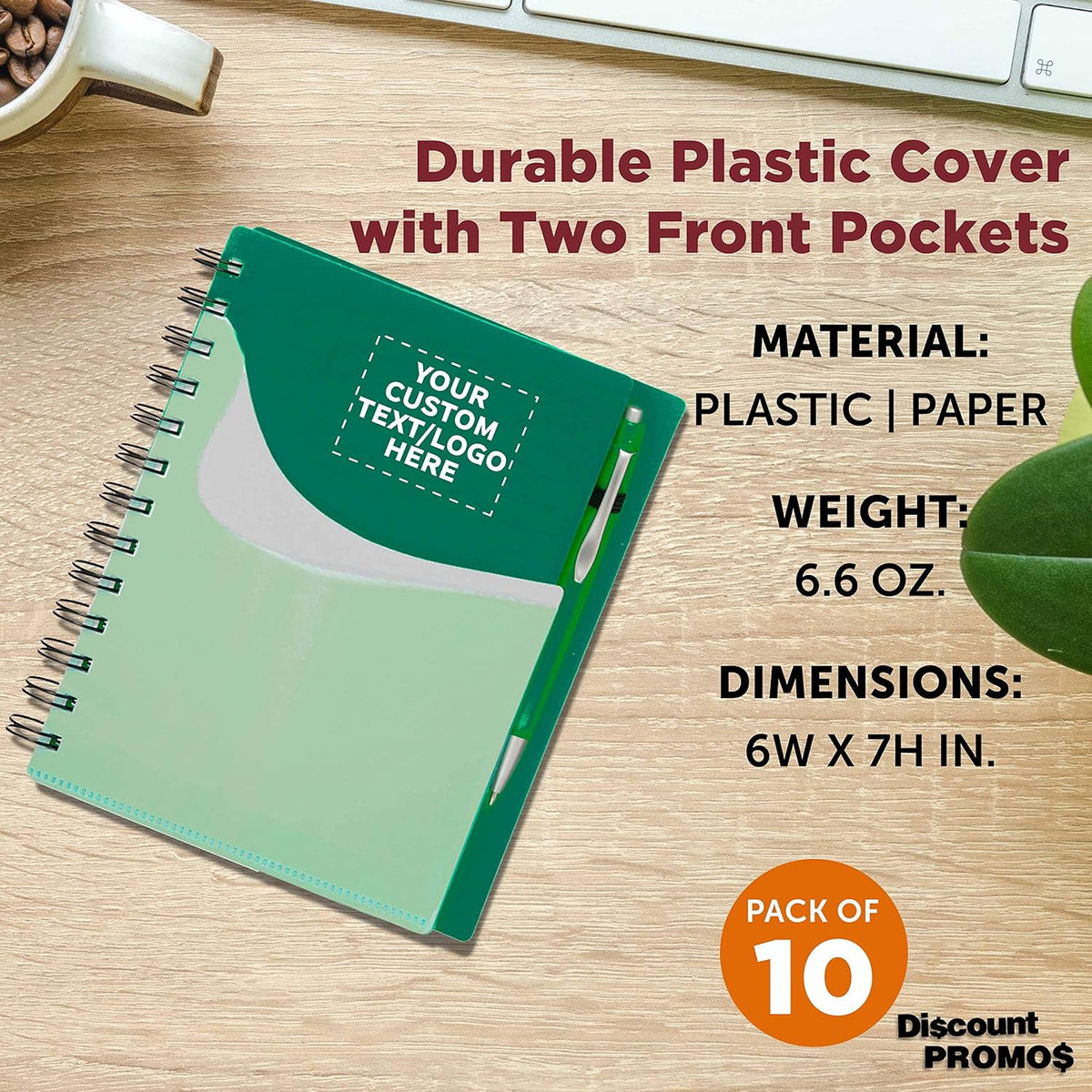 DISCOUNT PROMOS Custom Spiral Notebooks with Front Pocket Set of 10, Personalized Bulk Pack - Durable Plastic Cover, Includes Matching Pen in Blank Ink, Perfect for School, Office, Home - Green
