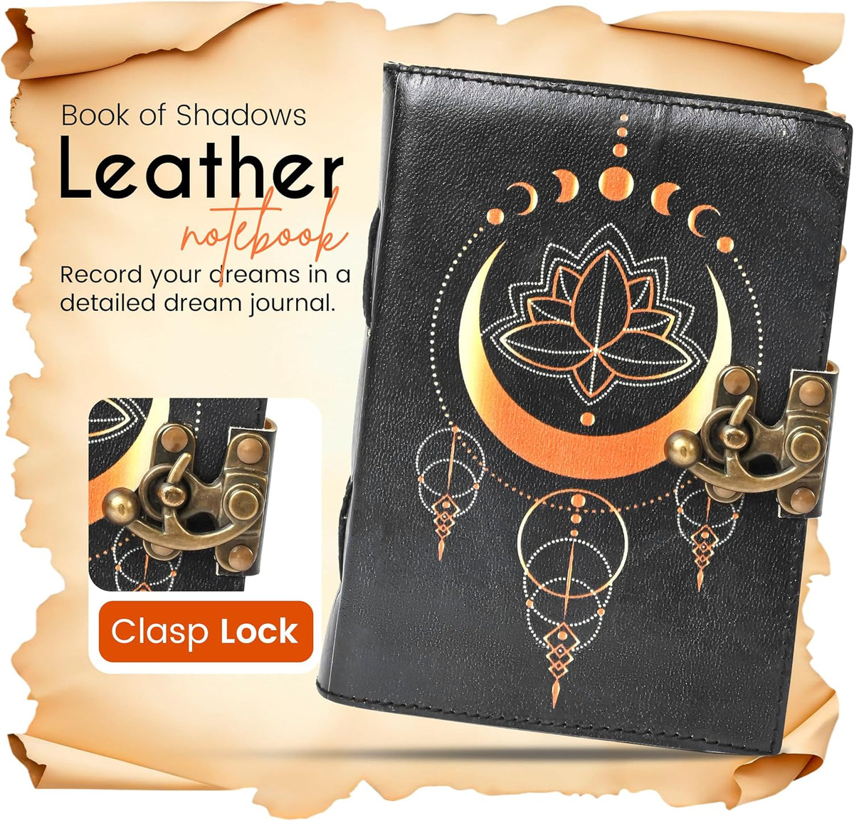 Blank Spell Book of Shadows Leather Journal with Vintage Clasp Lock – Crescent Moon Diary with 200 Page Antique Deckle Edge Paper – Wiccan Prayer Journal, Aesthetic Gift for Men & Women