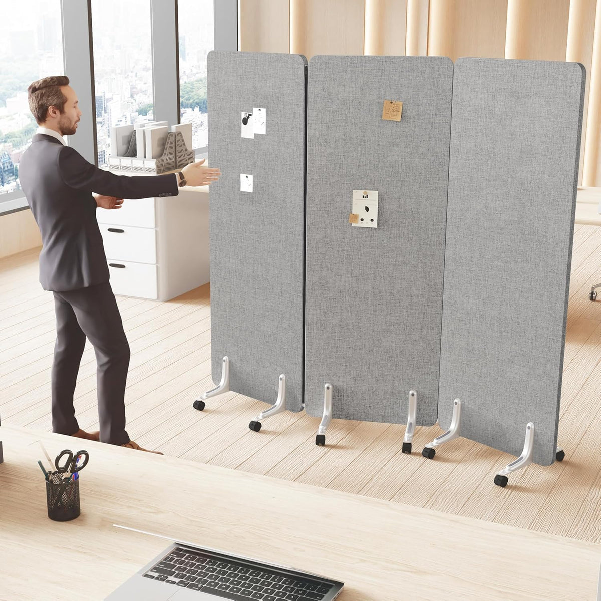 70.8" W x 63" H Freestanding Partition Room Dividers, Acoustic Panels with Wheels, 3 Soundproof Privacy Panels for Office, Reception Room, School, Hospital, Light Grey