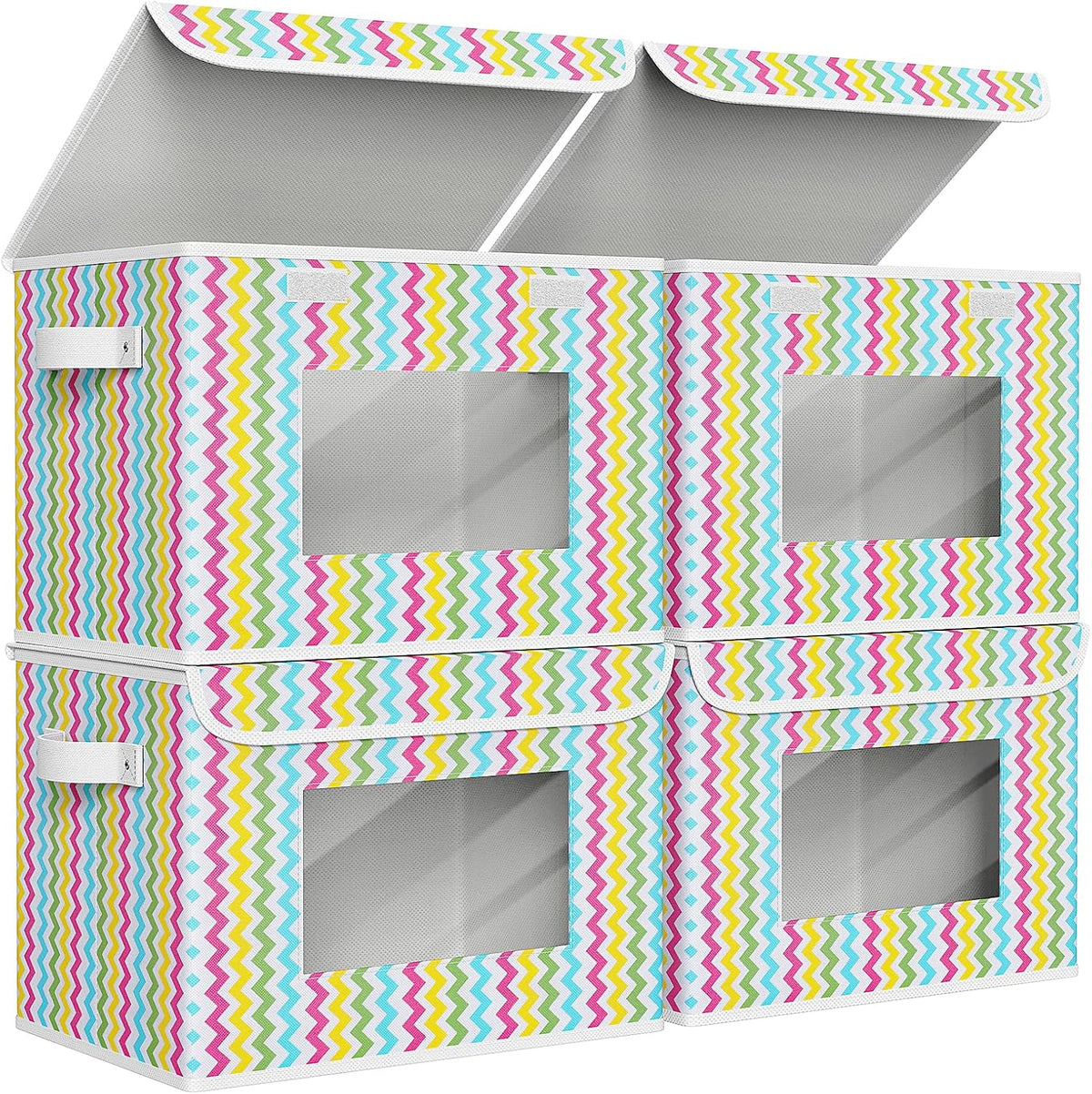 Univivi Fabric Foldable Storage Boxes [4-Pack] Large Collapsible Stackable Storage Bins with Lids, Closet Organizers and Storage Cube Basket for Home, Office, Bedroom (Colorful, 17”x 12” x 12”)