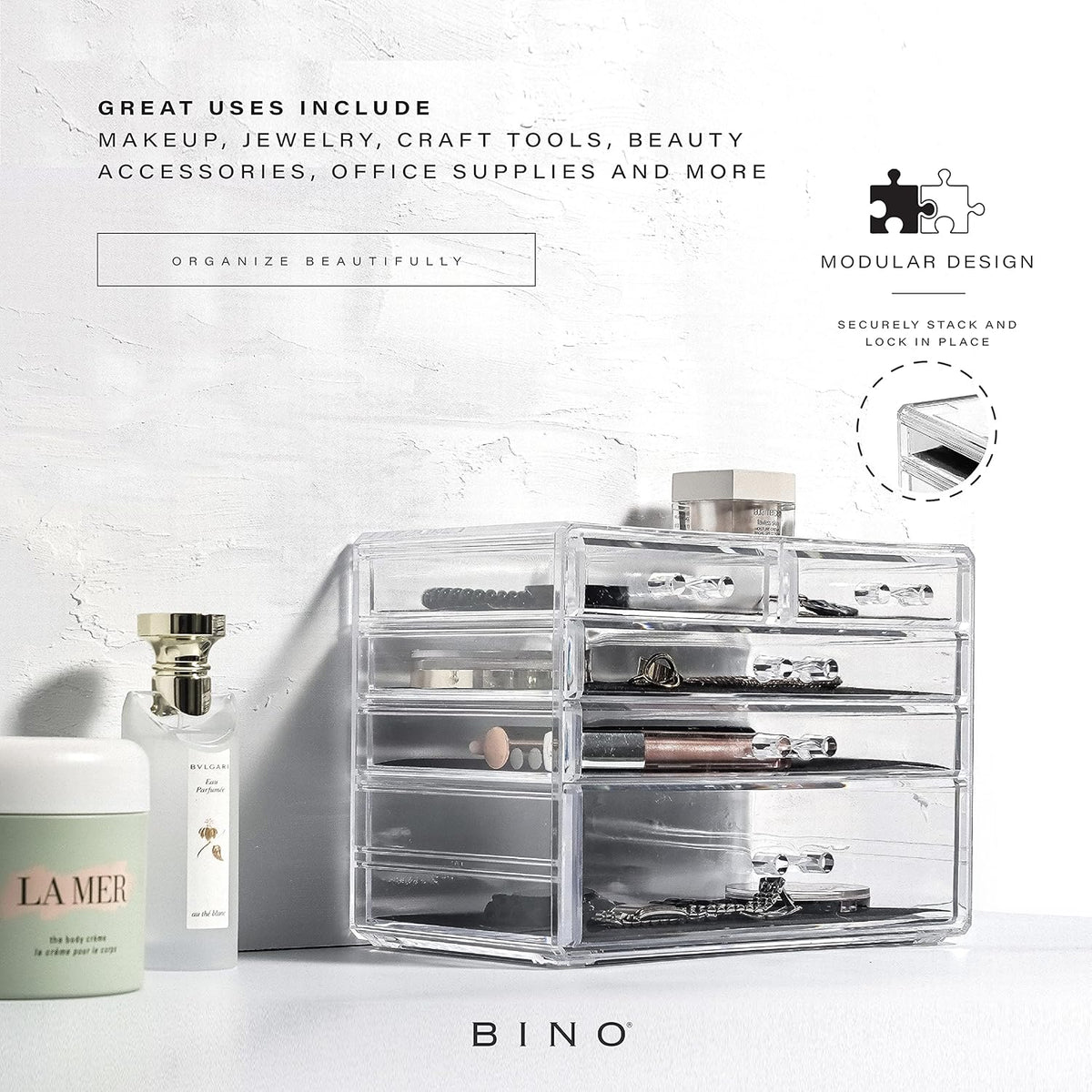 BINO THE MANHATTAN SERIES Acrylic Makeup Drawer Organizer-3 Large 2 Small Drawer | Clear Beauty Organizers and Storage| Cosmetic & Makeup Organizer | Home Organization| Jewelry & Vanity Accessories