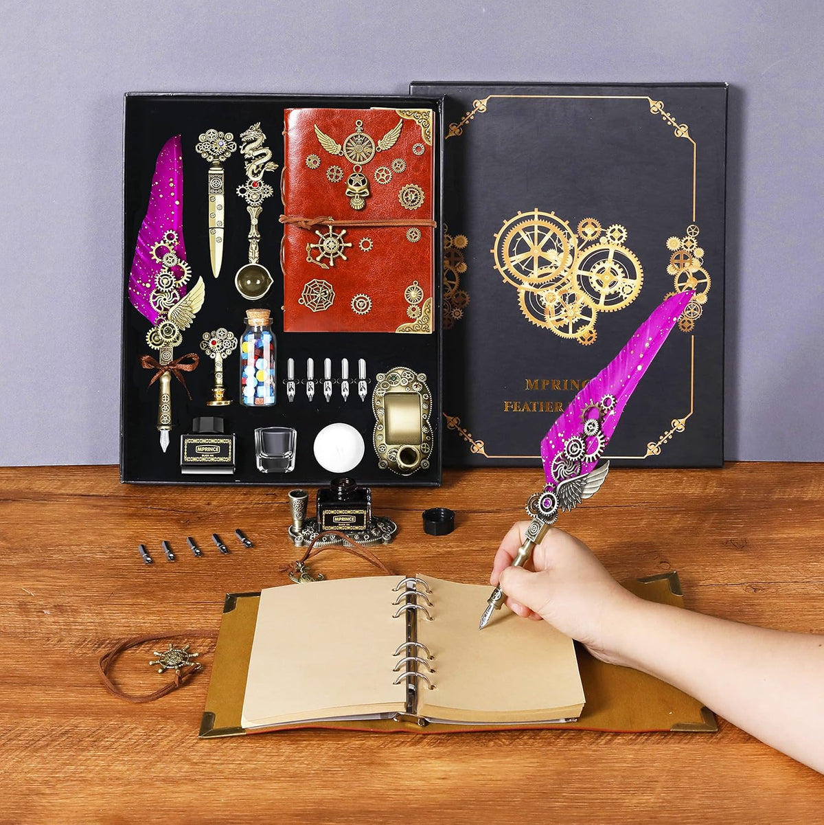 Quill and Ink Set With Quill and 5 Replaceable Nibs, Seal Stamp, Spoon, Wax Beads, White Wax, Pen Holder, Cup, Envelope, Letter Paper, Envelope Tool(purple)