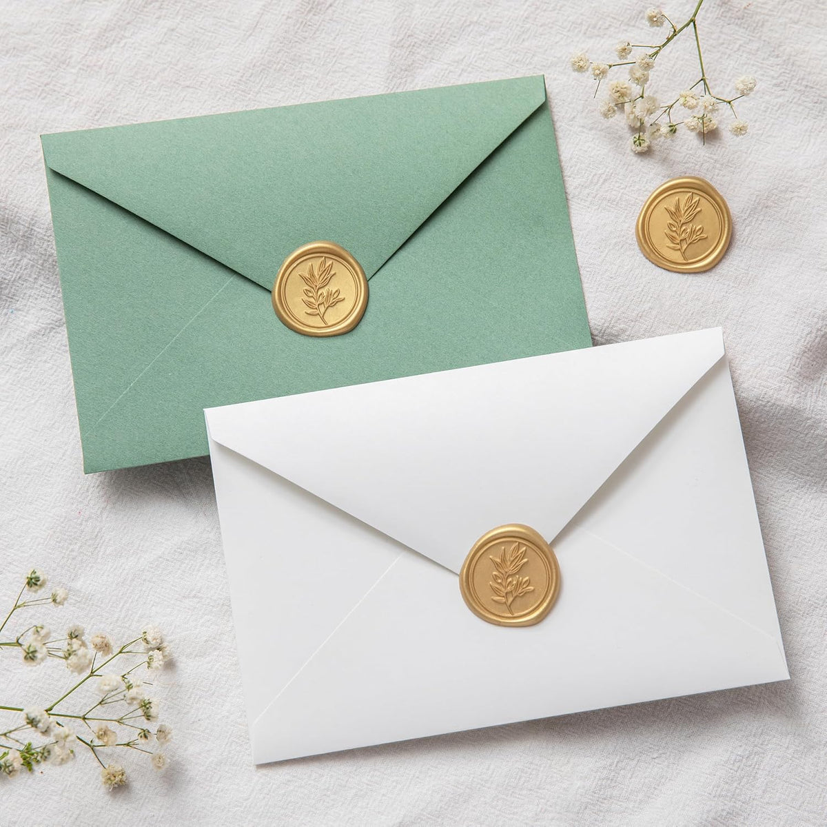 PONATIA Gold Wax Seal Stickers - Eucalyptus Wedding Invitation Envelope Seal, 50 Pcs Self-Adhesive, Perfect for Invitations, Christmas, Gift Wrapping, Party Menu Decor