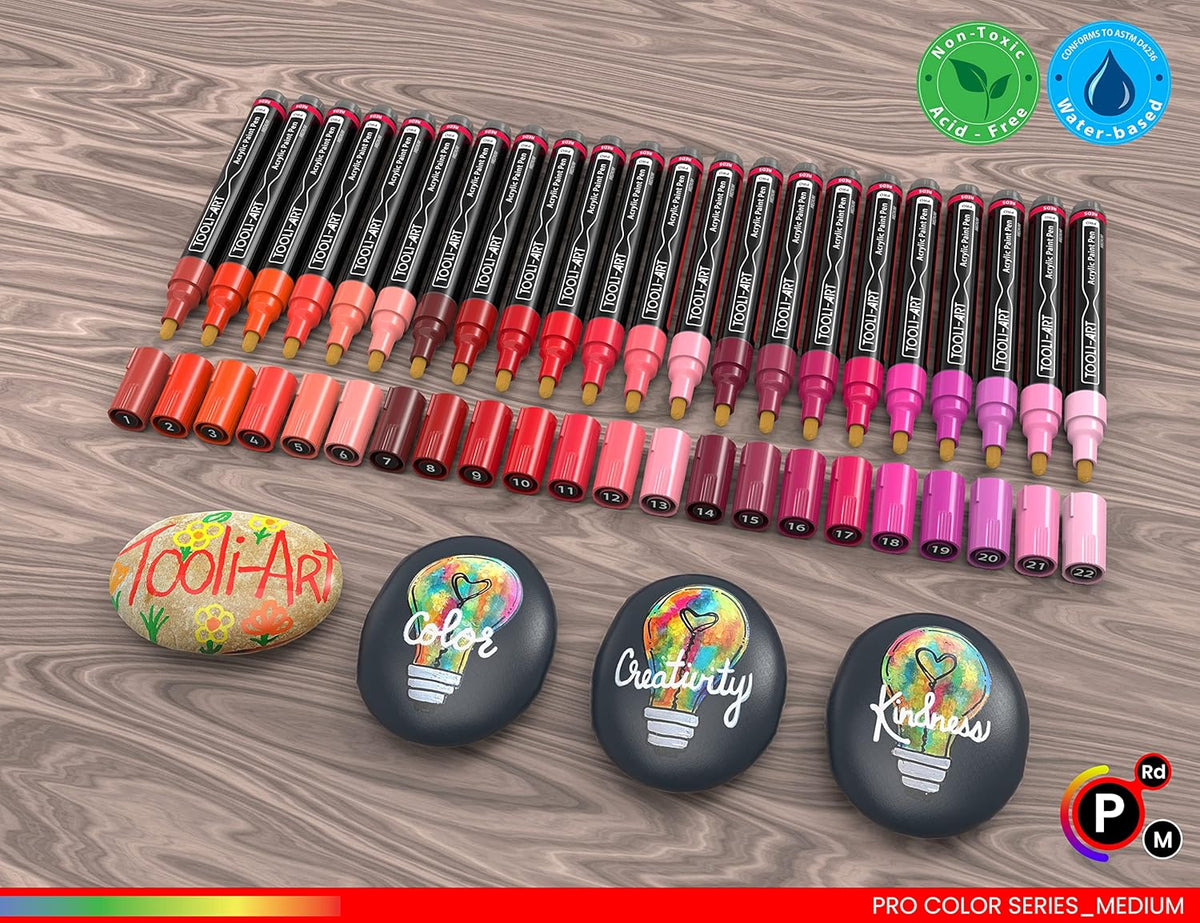 TOOLI-ART 22 Acrylic Paint Markers Paint Pens Pro Color Series Set 3mm Medium Tip for Rock Painting, Glass, Mugs, Wood, Metal, Glass Paint, Canvas, DIY. Non Toxic, Waterbased, Quick Drying (REDS)
