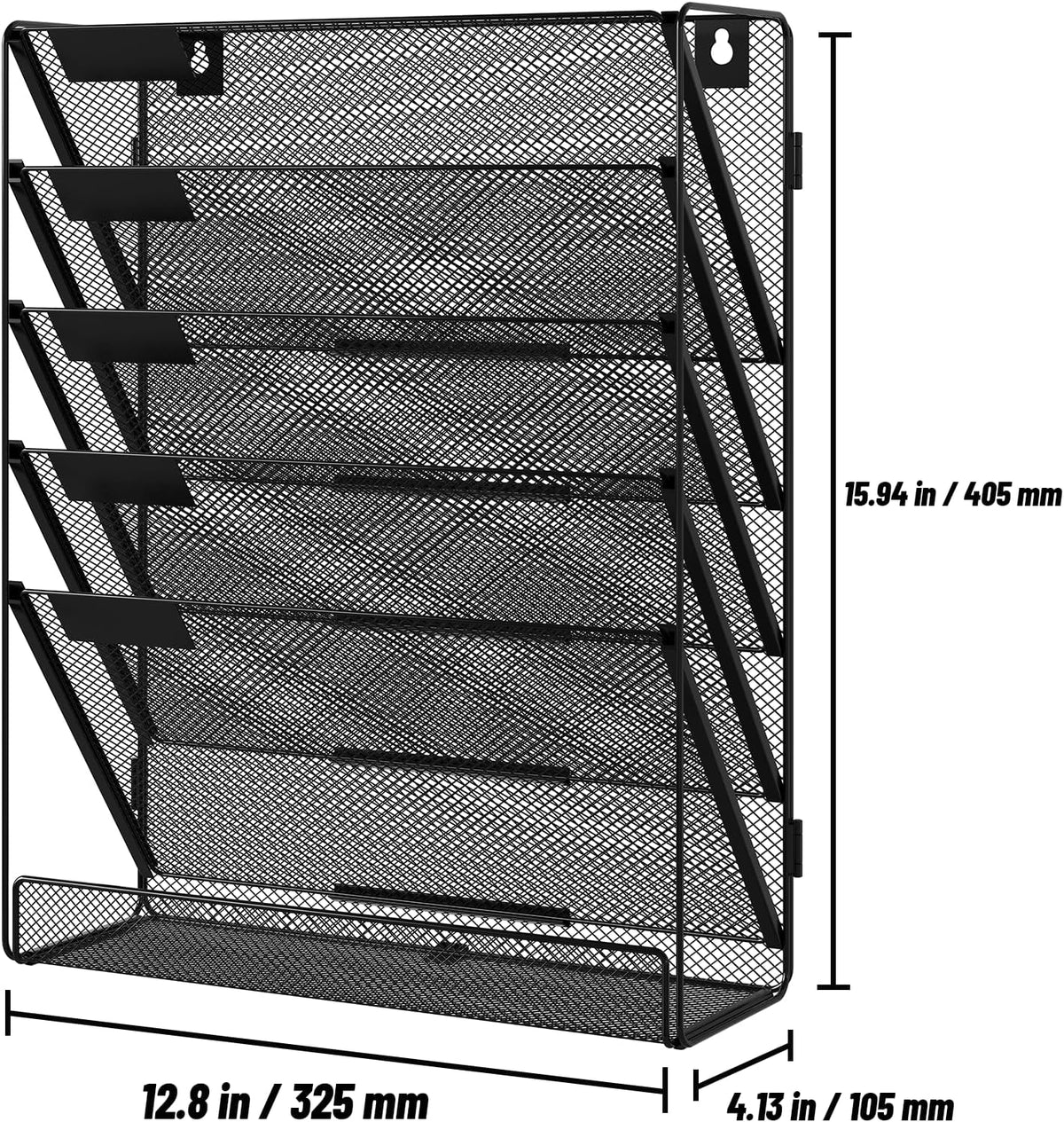 6 Tier File Wall Mounted Magazine Rack with Tray Mesh A4 Paper Organiser Mail Holder Storage No-Side, Black