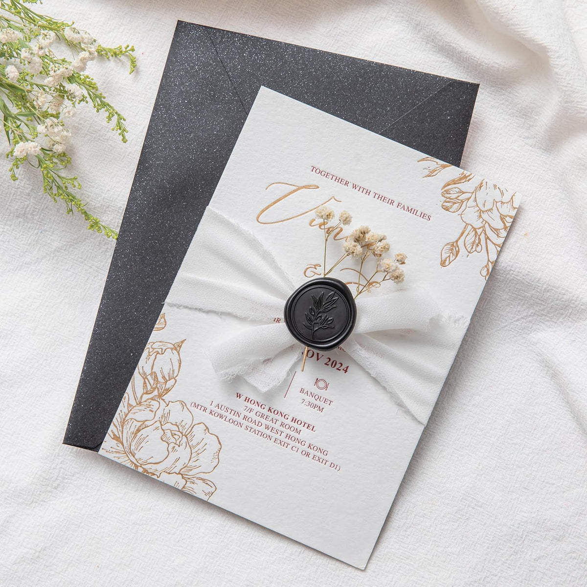 PONATIA Black Wax Seal Stickers - Wedding Invitation Seal Stickers, 50 Pcs Self- Adhesive Wax Seals, Perfect for Invitation Cards, Envelopes Christmas Cards, Gift Wrapping, Party Menu Decor