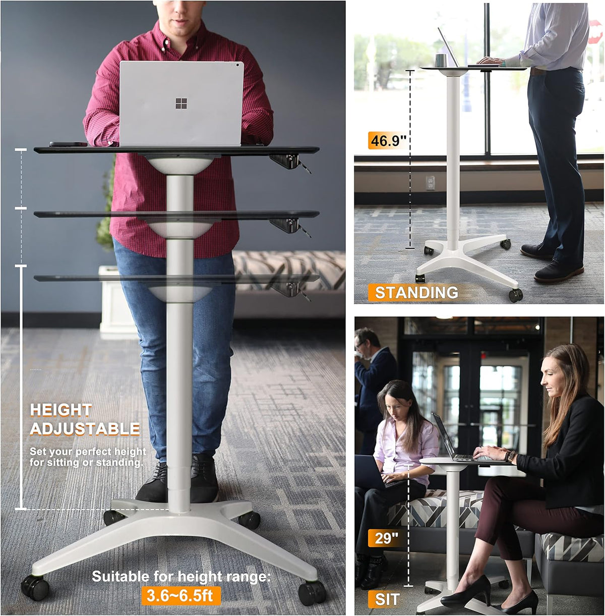 Pneumatic Adjustable Height Desk, Laptop Standing Desk, Rolling Sit-Stand Cart, Mobile Podium Portable Lectern for Home, Office& Classroom, 26" 19.3" Platform (29" to 46.9" H)，White