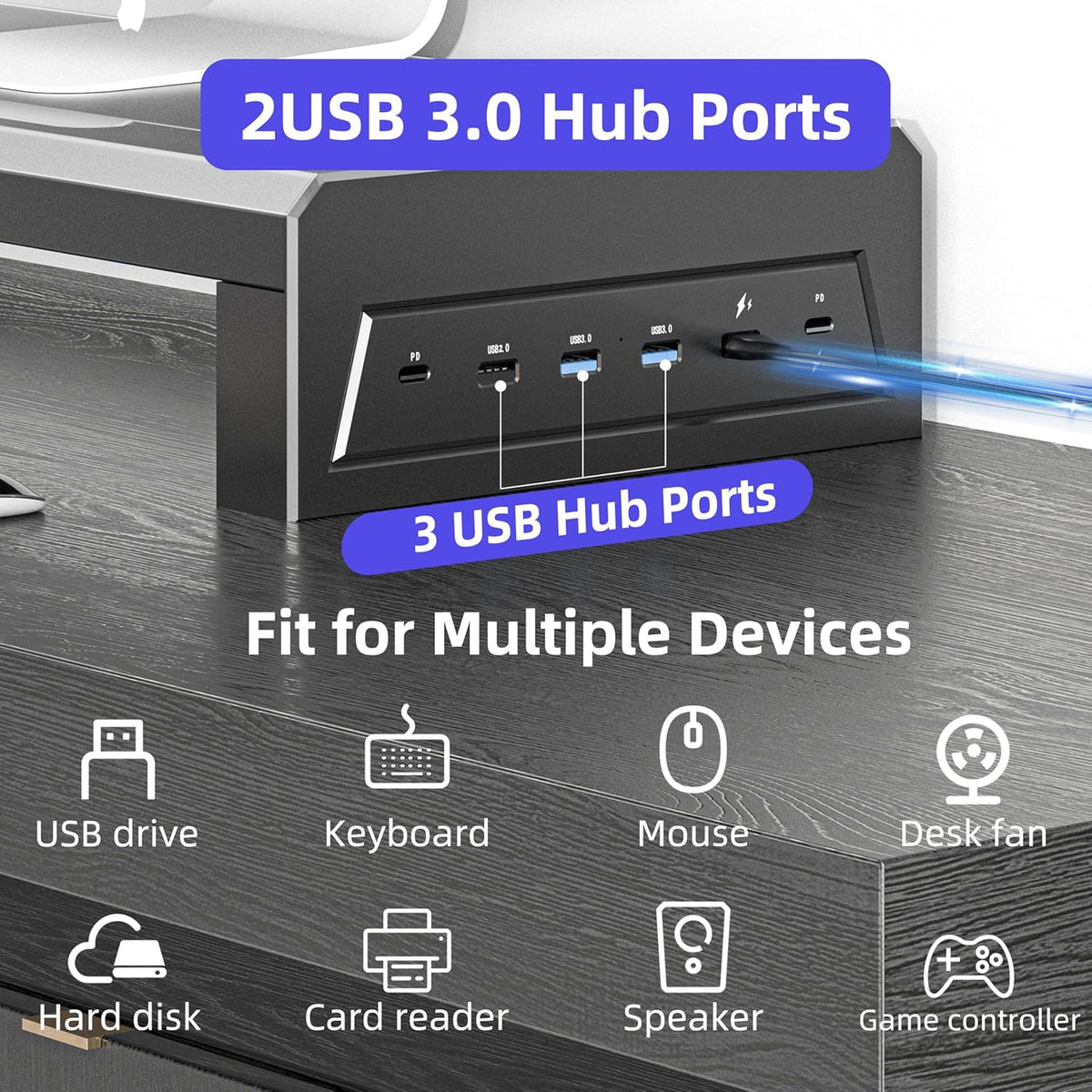 2-Tier Metal Computer monitor stand Laptop Desk Shelf & Monitor Riser ，27.55 inches long desk riser ,22W charging power, 2 USB 3.0 ports, and 1 USB 2.0 port Monitors/PC/Laptop/Computer Space Saver Organizer(USB Hub Fast Charging Version, Two-layer 700mm)