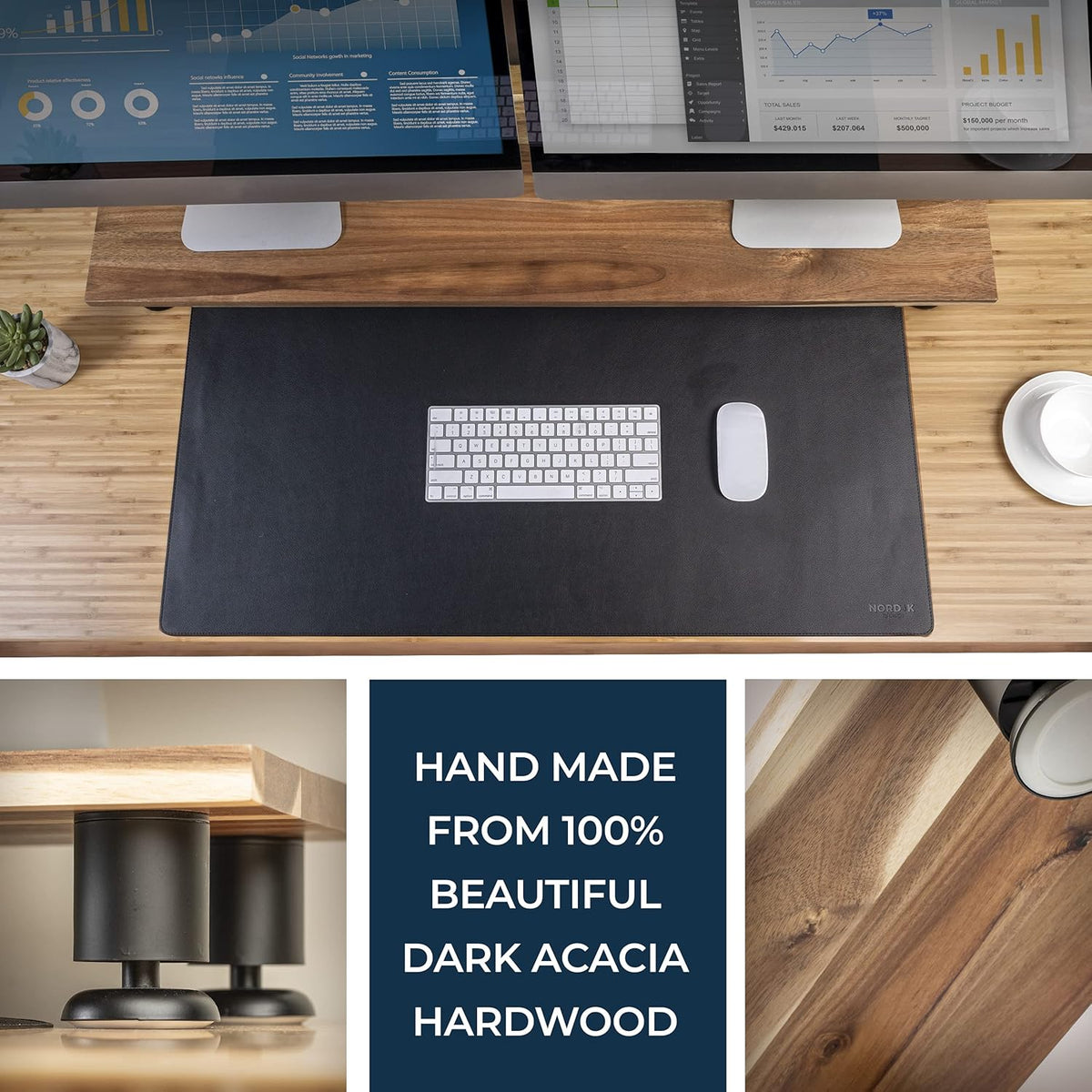 Nordik Large Dual Monitor Riser for 2 - Premium Handmade Hardwood Acacia Computer - Laptop TV Stand with Storage for Desk Accessories - Organizer Television