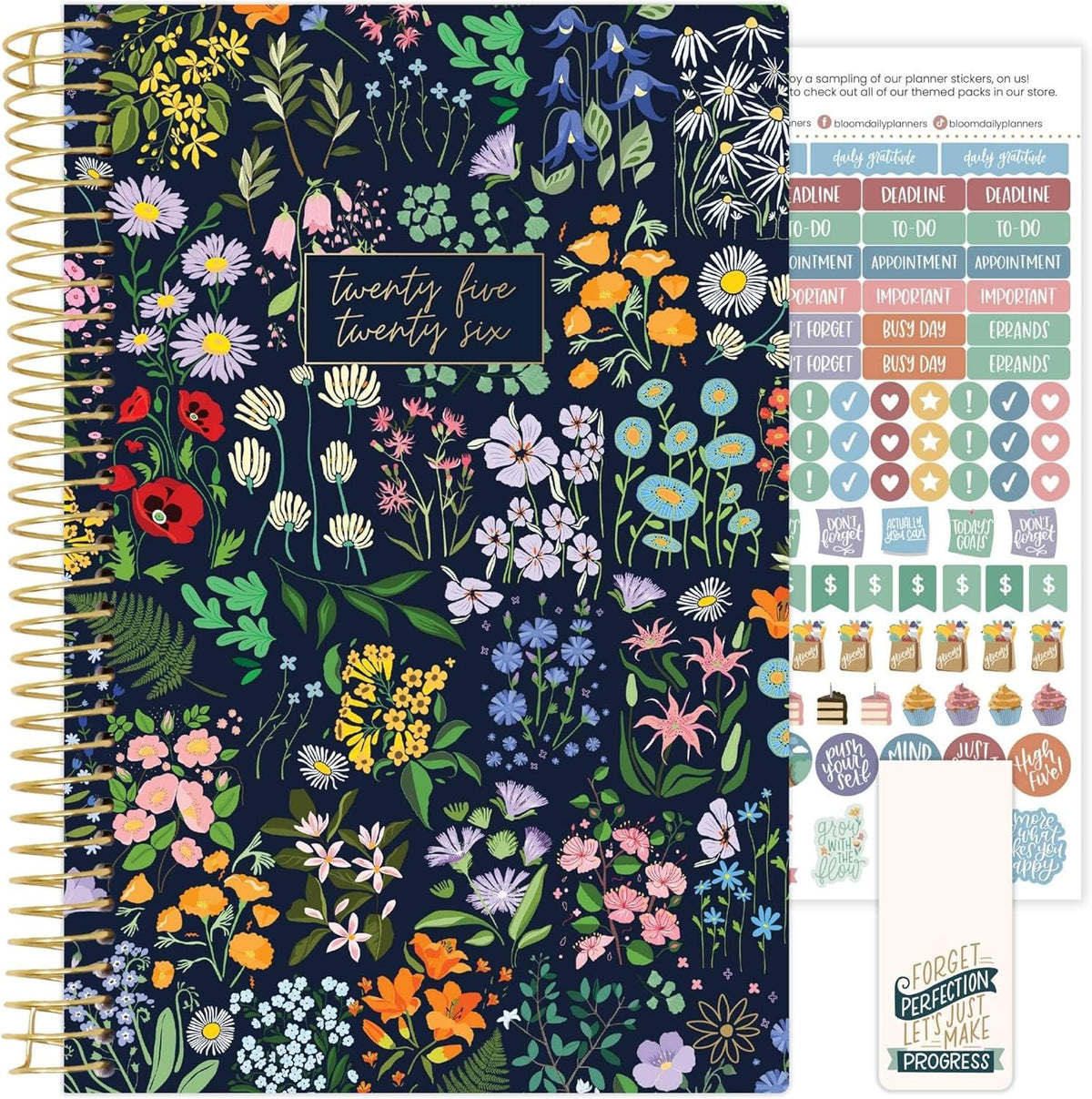 bloom daily planners 2025-2026 Academic Year Daily Planner (July 2025 - July 2026) - A5 Weekly & Monthly Calendar Agenda Organizer Book with Stickers - 5.5" x 8.25" - Garden Party, Navy