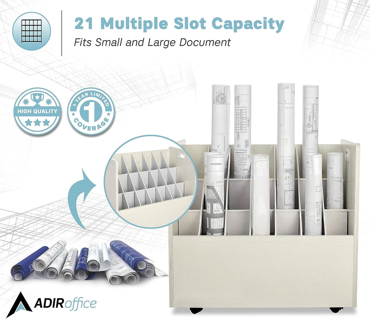 Adir Blue Print Storage Organizer - Mobile Roll File Cart, Construction Plan Holders, Blueprint Cabinet with Wheels, Roll Files Storage for Office and Home (21 Slots, White)