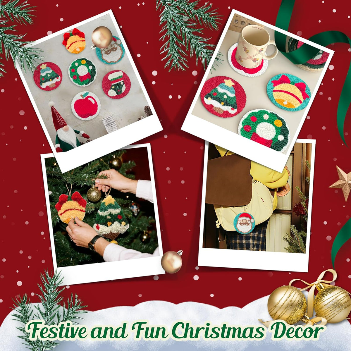 Rivnsong Christmas Punch Needle Kit – DIY Embroidery Set for Beginners to Make 6 Festive Coasters with Hoop, Monk’s Cloth, Tools and Yarn – Holiday Gift for Adults and Kids 8+