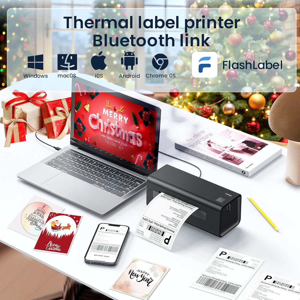 Thermal-Shipping-Label-Printer for Small Business 4x6 Bluetooth Thermal Label Printers 300mm/s Compatible Windows Mac, Android, Desktop Print Sticker Makers Machine widely Used for Amazon,Ebay