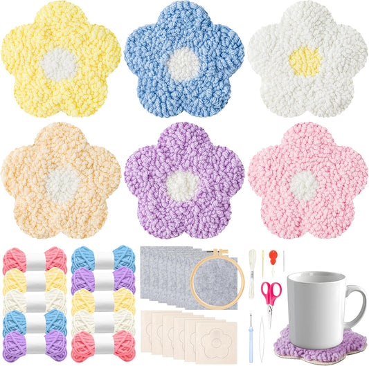 WATINC Flower Punch Needle Coaster Kit - 22Pcs Crafts Punch Needle Coasters Kits for Beginners, Flower Pattern Coaster Tufted Rug Pads with Adhesive Felt Yarns Embroidery Hoop Instruction (Macaron)