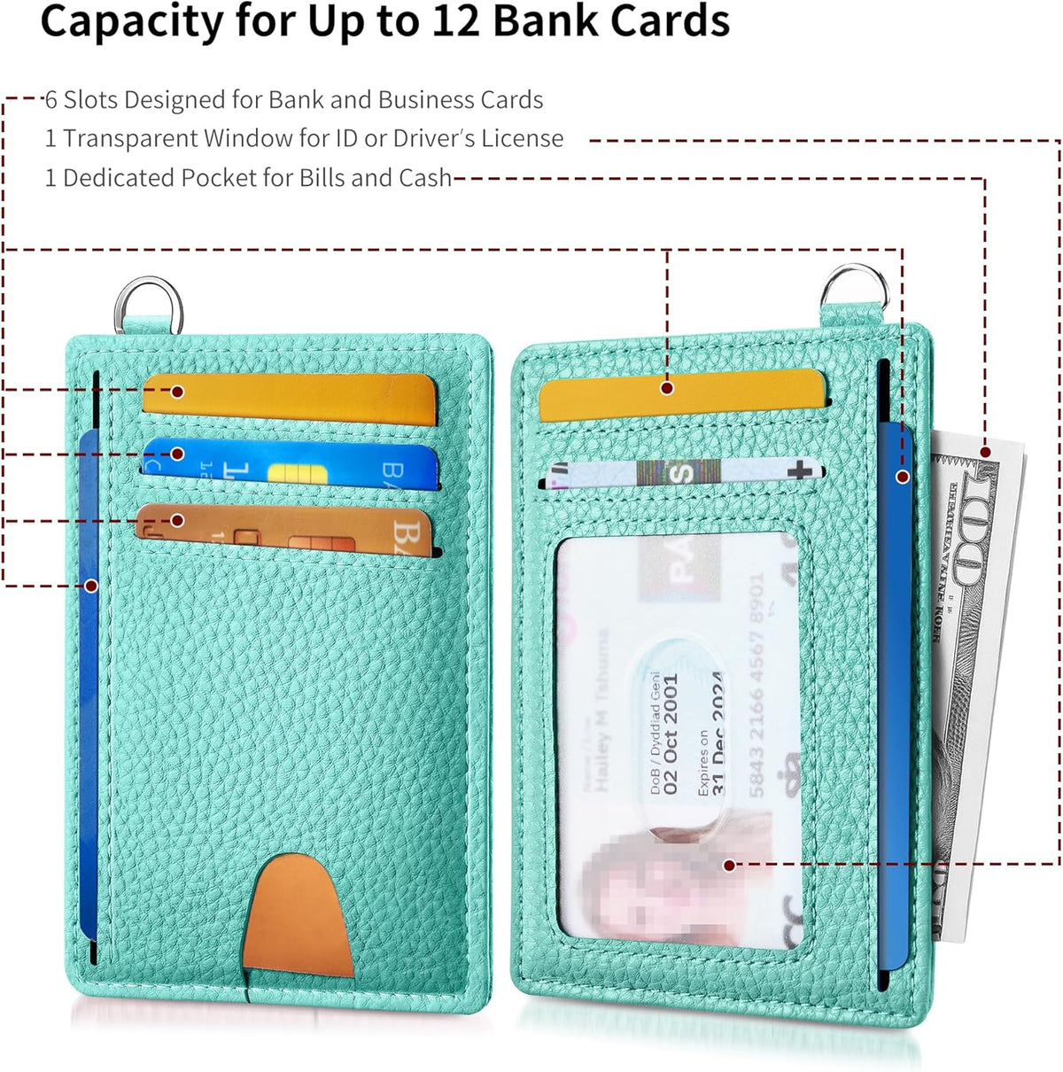 Mayski Slim Wallet, Credit Card Holder for Women, Minimalist Front Pocket RFID Blocking Card Cases, Small Wallet Women Men(Litchi Ocean Green)