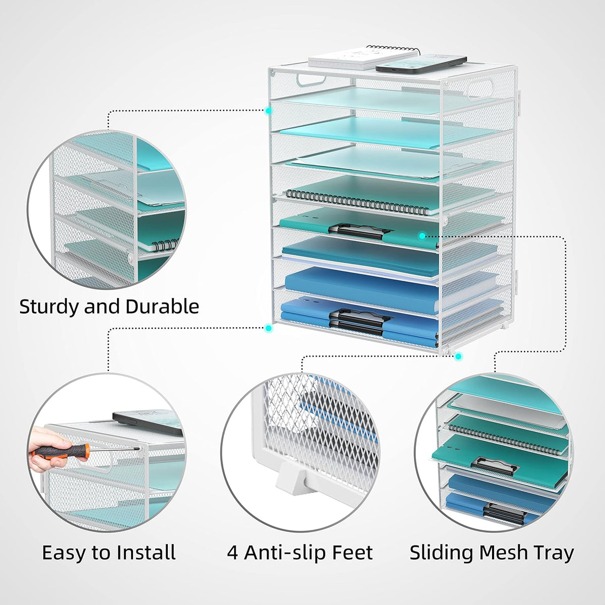 DALTACK 9-Tier Paper Letter Tray Desk Organizer with Handles, Mesh File Holder Organization, Paper Sorter Desk Organizer for Office Home School, White