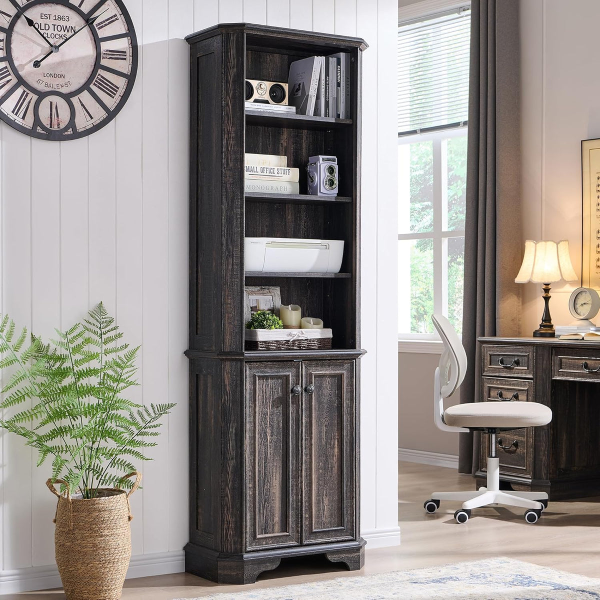 T4TREAM 6-Tier Bookshelf with Storage, 72" Tall Farmhouse Bookcase with Doors and Adjustable Shelves, Wooden Floor Standing Display Book Shelf Organizer for Home Office, Dark Rustic Oak
