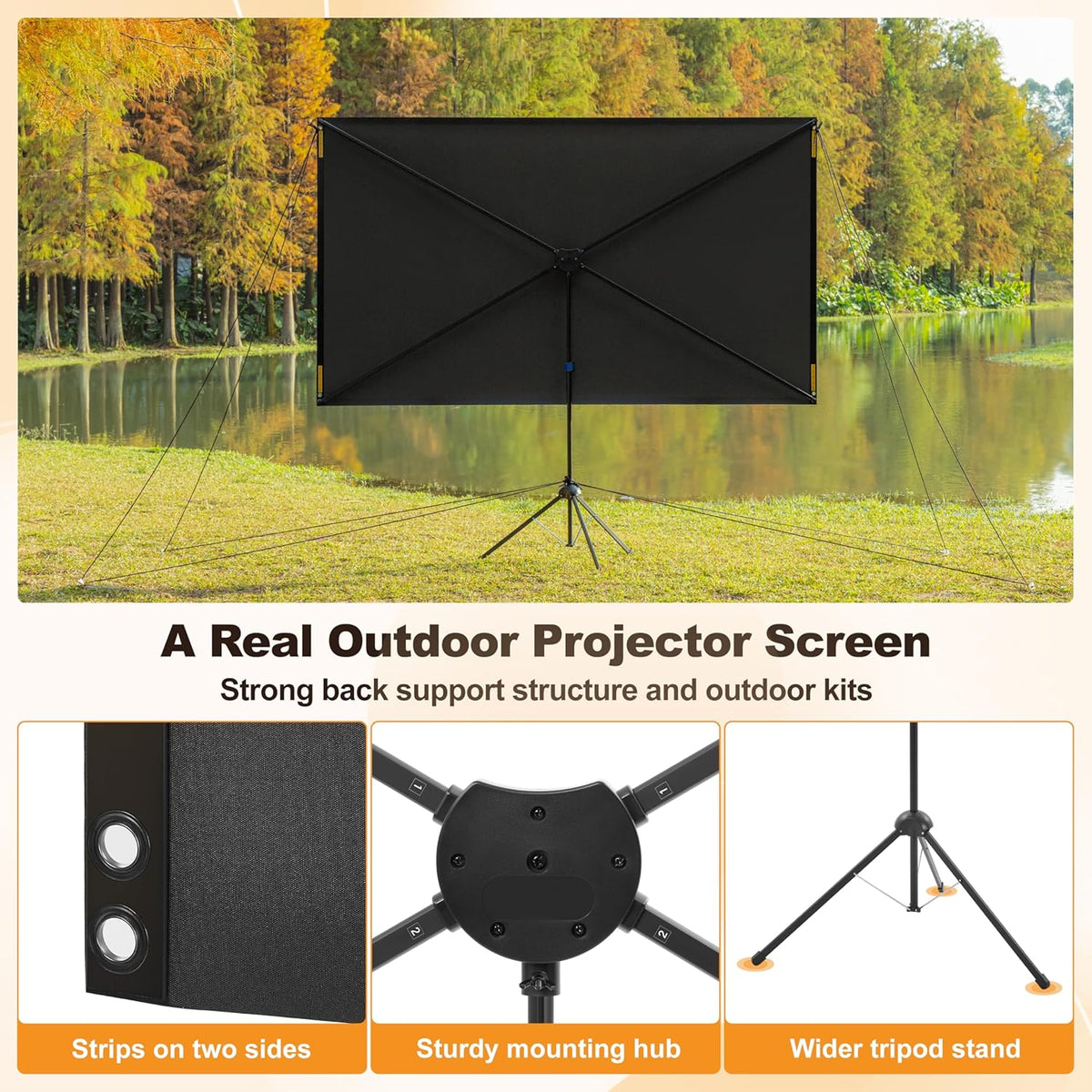 Outdoor Projector Screen 100 Inch, 16:9, High Gain, Projector Screen with Stand, Wind-resistant Design for Portable Projection Screen Outdoor, With Ropes and Spikes, 4K Image for Home Theater, Camping