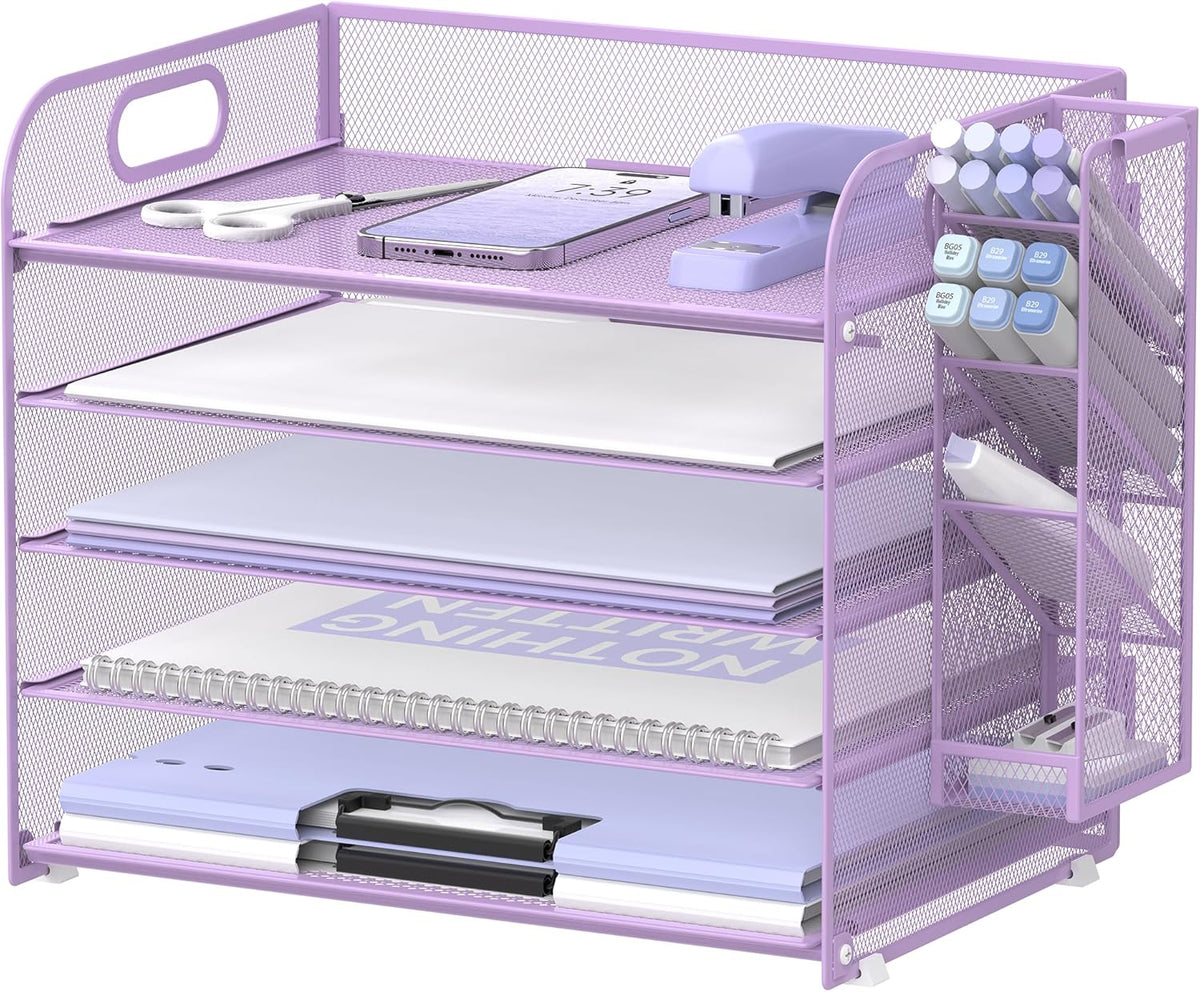 SUPEASY 5 Tier Desk Organizer with Handle & Removable Pen Holders, Mesh Paper/File Organizer for Desk, Paper Letter Tray Organizer for Office Supplies (Purple)