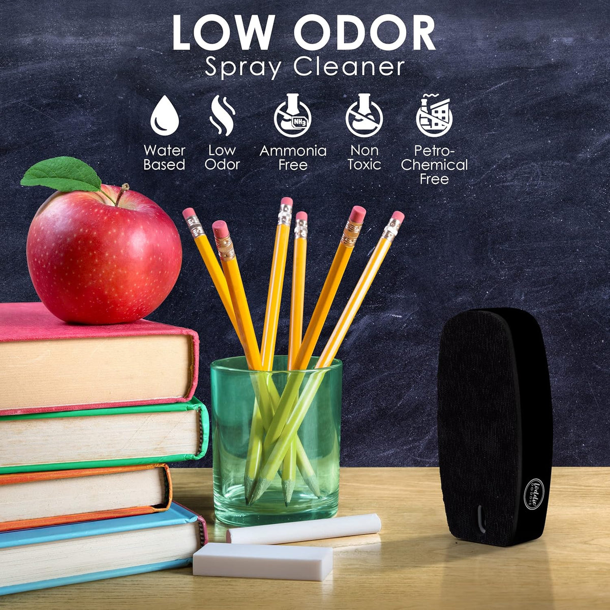 Loddie Doddie 2-in-1 Magnetic Whiteboard Eraser & Dry Erase Board Cleaner Spray - Black Ergonomic Design & Magnetic Microfiber Cloth - Non-Toxic Low-Odor Formula - Use with Dry Erase Markers