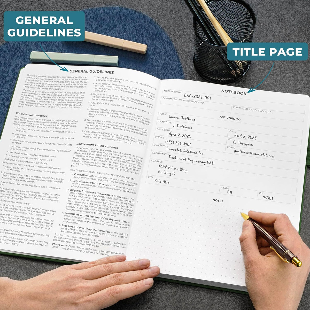 Clever Fox Engineering Notebook – Hardcover Grid Notebook with Numbered Pages, Table of Contents – Patent, Lab & Invention Journal for Engineers & STEM (Dark Green)