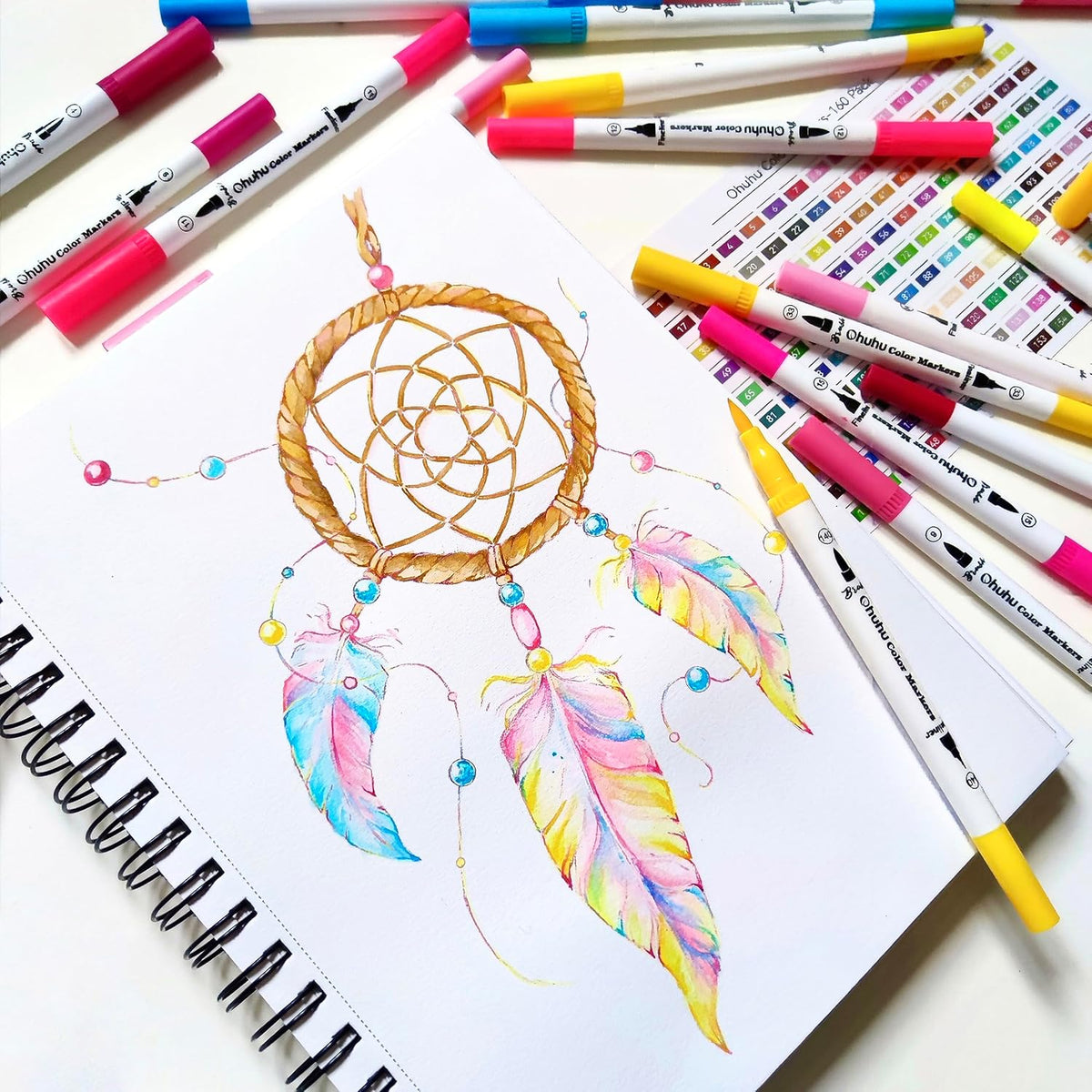 Ohuhu Markers for Adult Coloring Books No Bleeding 160 Colors Coloring Markers Water-based Dual Tips Fineliner & Brush Drawing Pens Art Pens for Kids Adults Sketch Journal - Maui - White