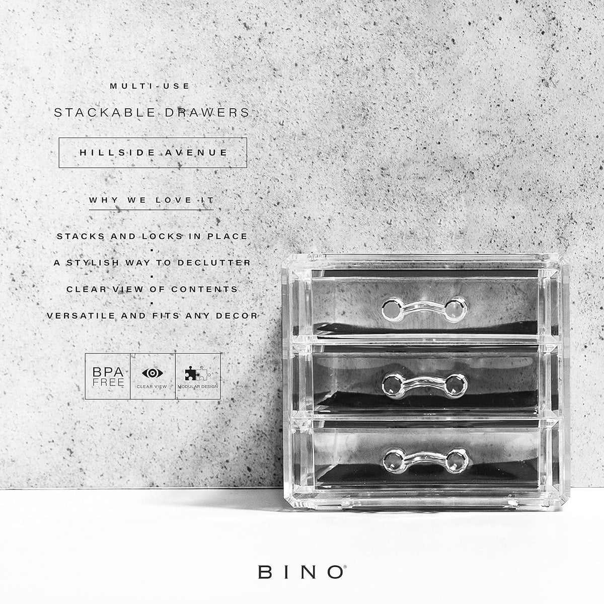 BINO THE MANHATTAN SERIES Acrylic Makeup Drawer Organizer- 3 Drawer Small | Clear Beauty Organizers and Storage| Cosmetic & Makeup Drawer| Home Organization| Jewelry & Vanity Accessories Drawer