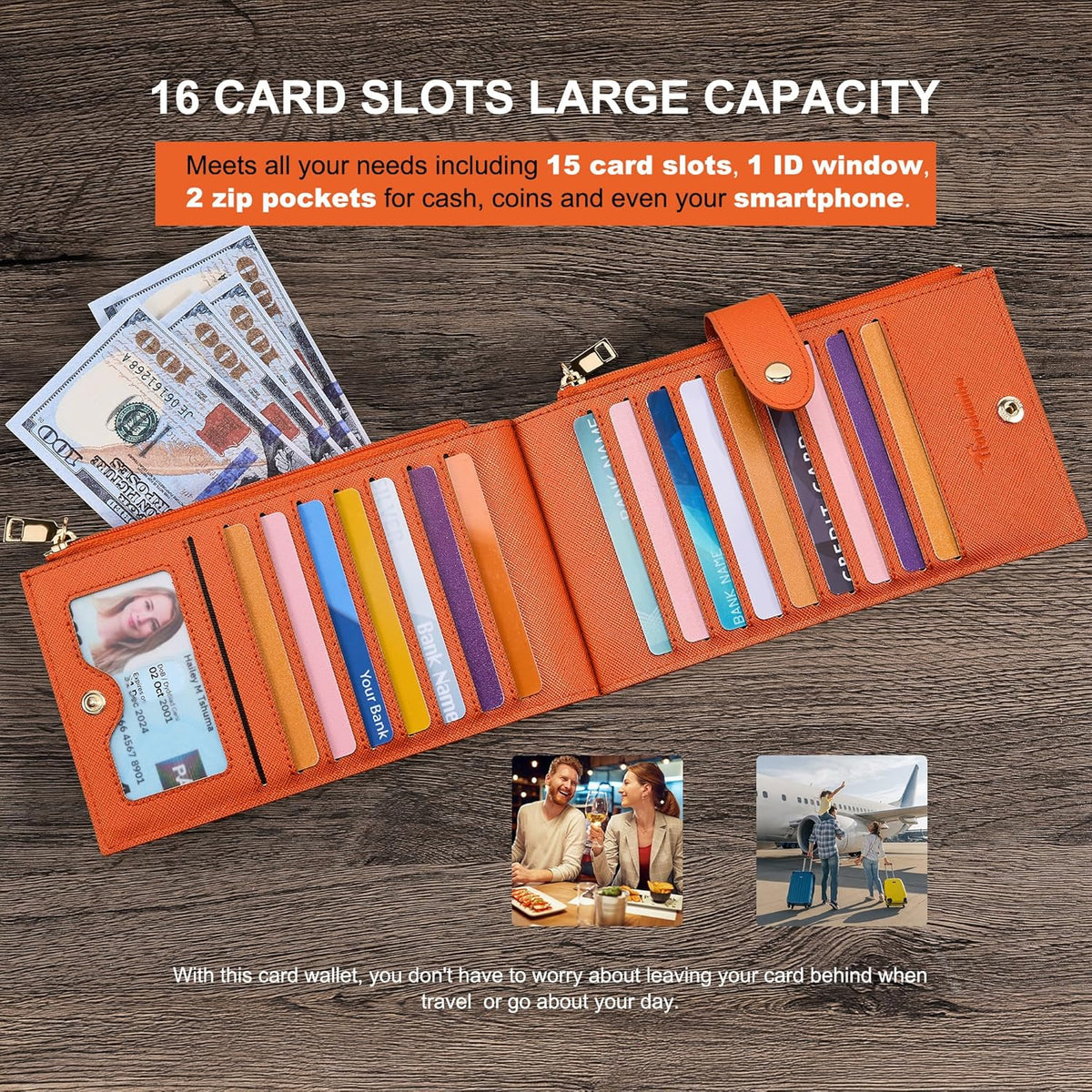 Travelambo RFID Wallet Women Large Size Bifold Multi Card Wallet Case with Zipper Pocke Credit Card Holder for Women