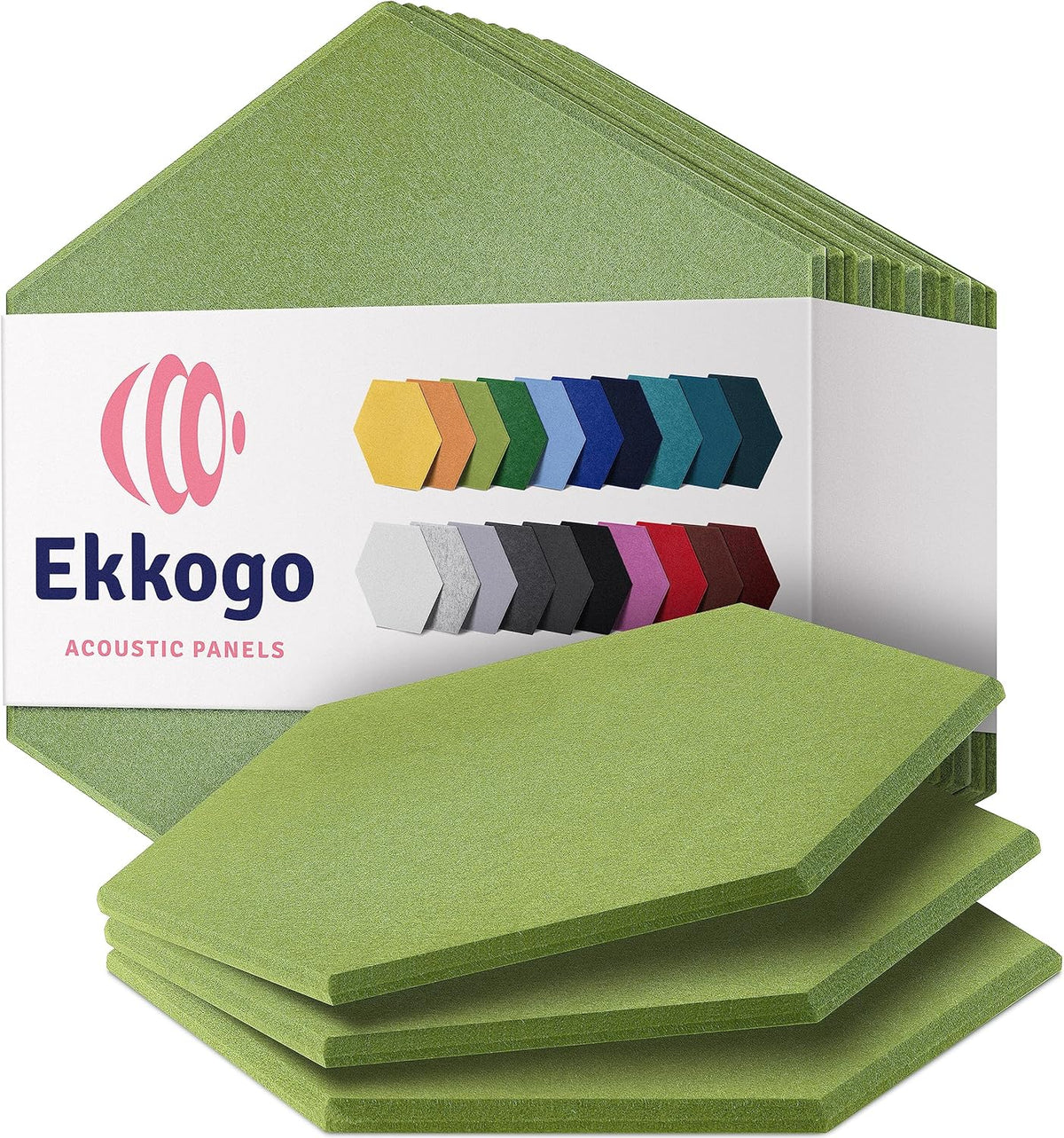 Acoustic Panels - 12-Pack Soundproof Wall Panels, 14"X12.1"X0.4", High Density Sound Dampening - Gin Green Hexagon