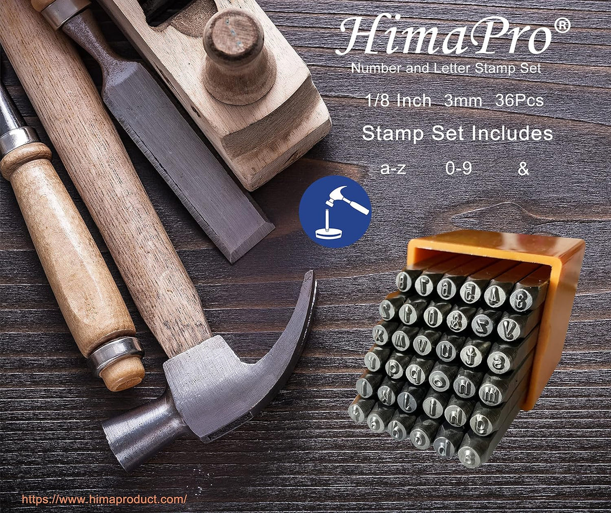 HimaPro Number and Letter Stamp Set 36 PCs Lowercase Industrial Grade Letters 'a'-'z', '&', '0'-'9' in a Plastic Box (3mm - 1/8 Inch)